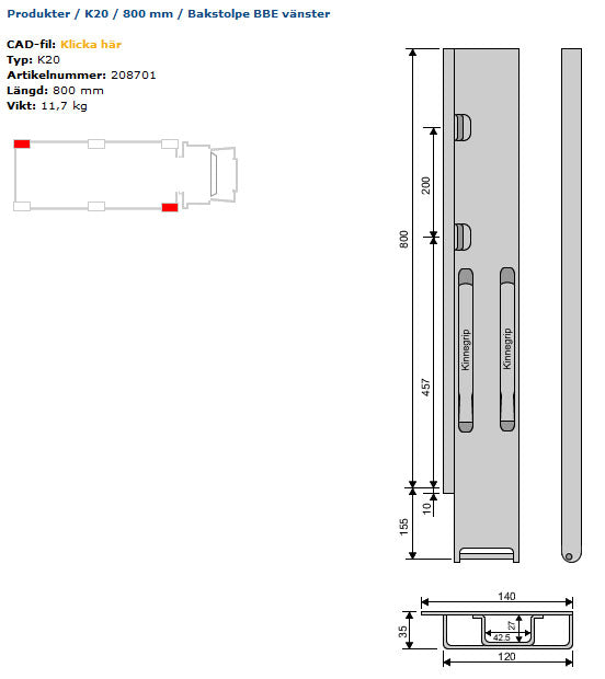 Kinnegrip bak v K20 800 mm stål