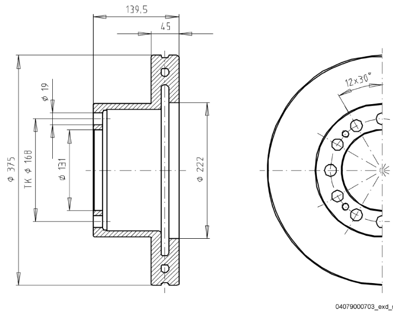 Bromsskiva 19,5", 377 mm x 45 mm, 12-bult