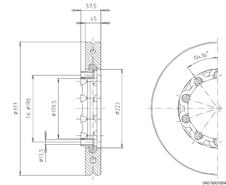Bromsskiva 19,5", 377 mm x 45 mm, 10-bult