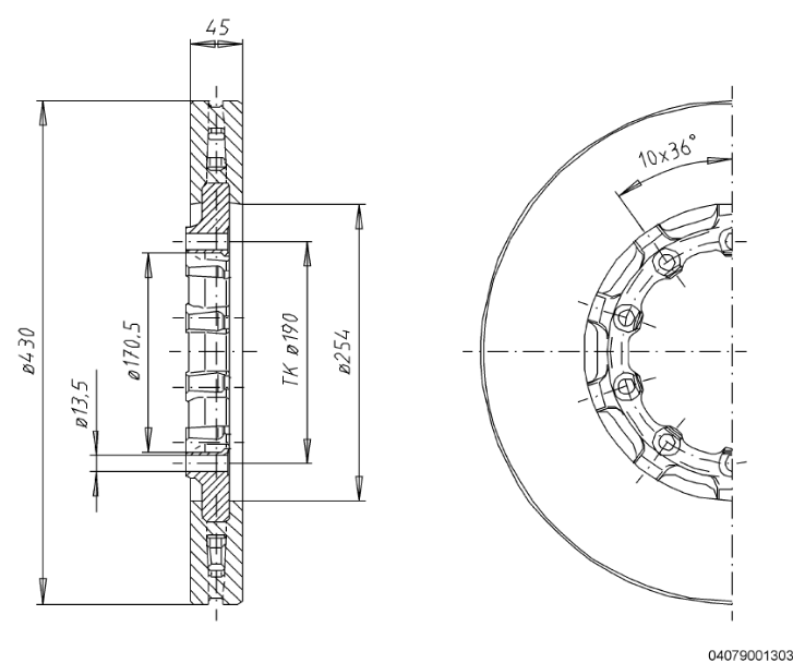 Bromsskiva 22,5", 430 mm x 45 mm, 10-bult