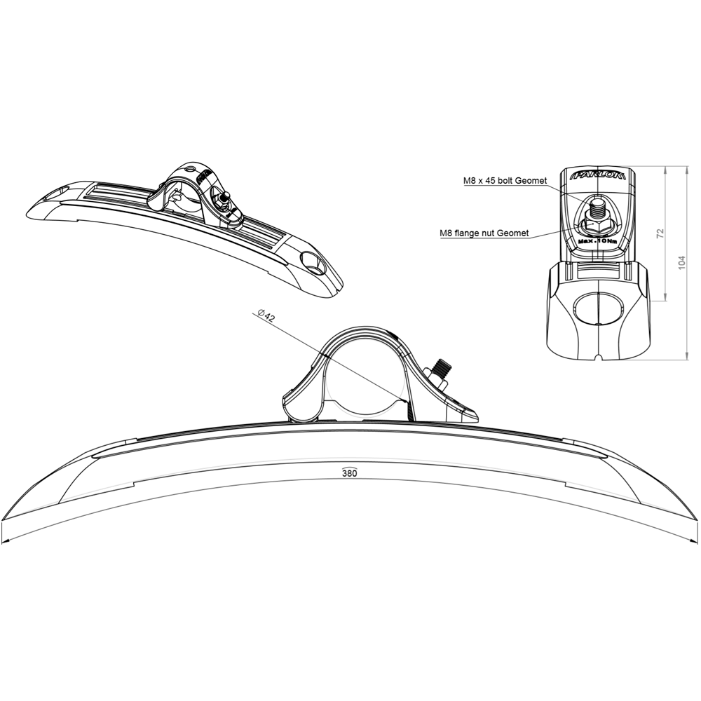 Justerbart skärmfäste 42mm svart plast Parloc